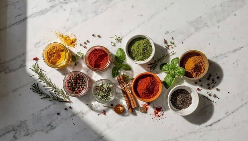 Bunte Gewürze in Gläsern und Schalen auf Marmor