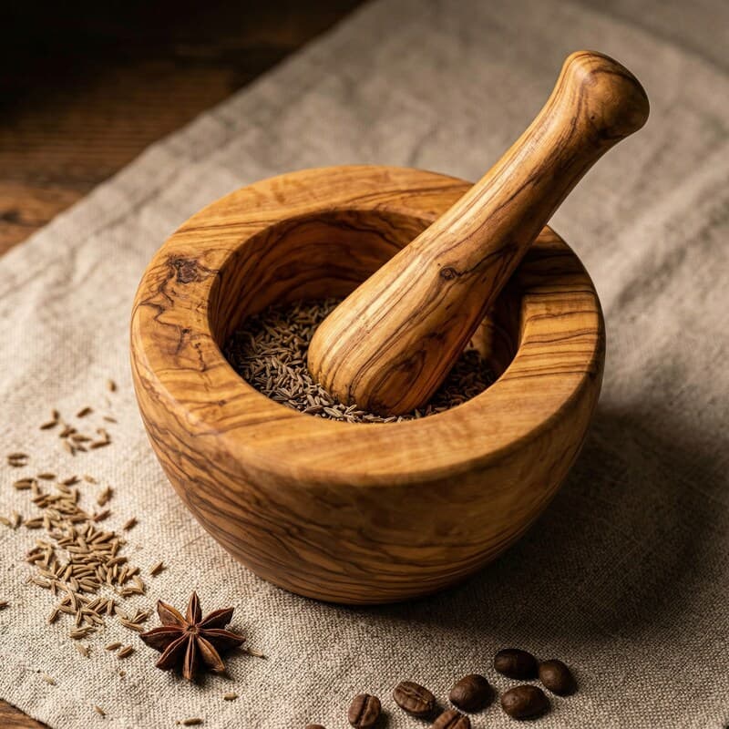 Mörser und Stößel Olivenholz